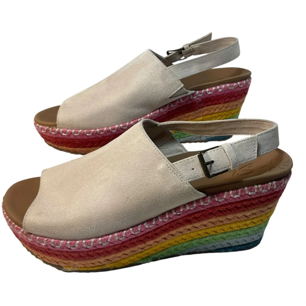 Skechers Cali Brit Luxe Foam Festival Daisy Rainbow Wedge Espadrille Size 10